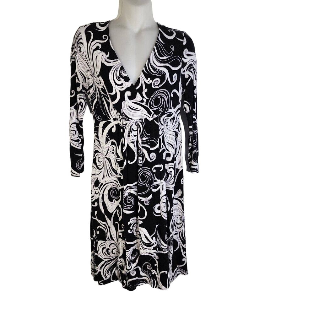 Soma Womens Dress XSmall Black White Wrap V Neck 3 / 4 Sleeve Knee Length Elsie